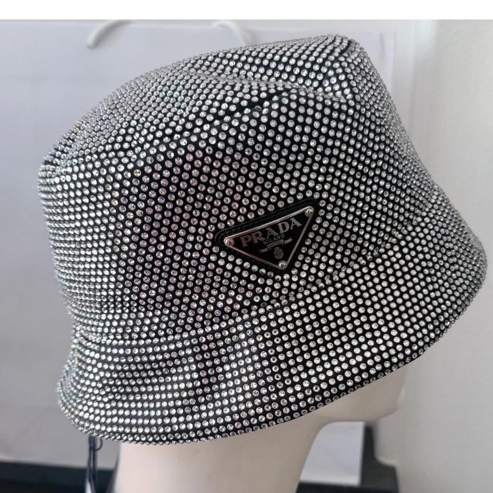 Prada Crystal Re-Nylon Bucket Hat Silver Black 1HC137 2CLA F0T70 Size S NEW - Picture 1 of 9